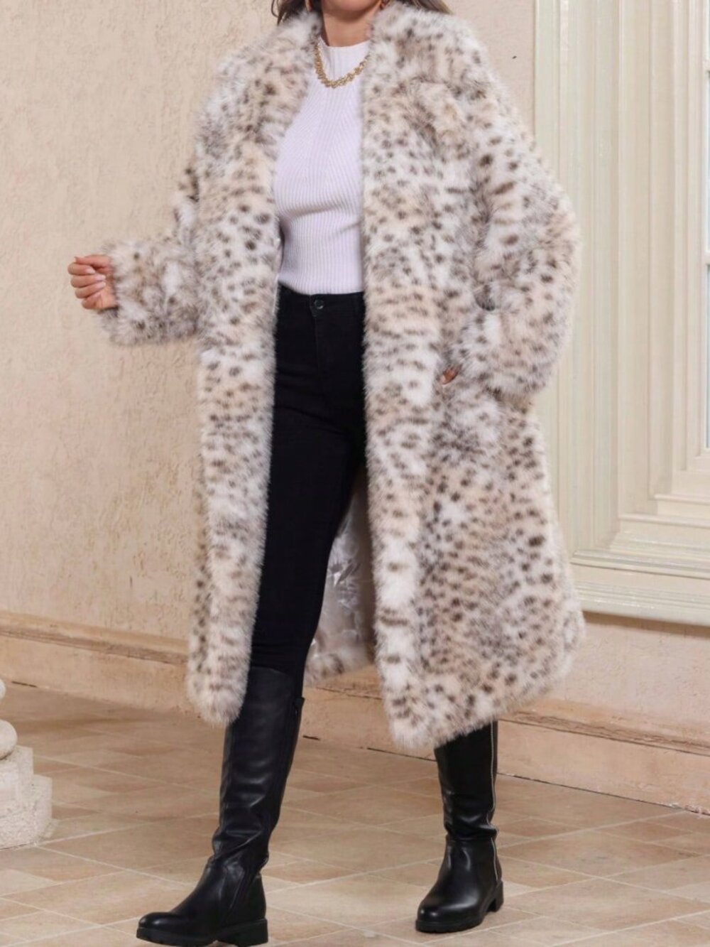 Leopard Print Casual Women's Long Loose Coat With Lapel Collar - Picture 10 of 12